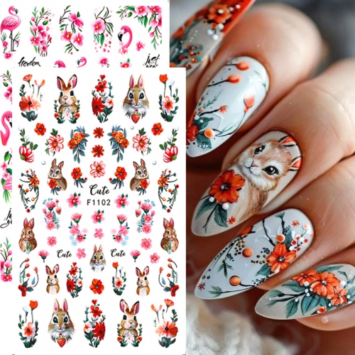 1Pcs Spring Flower Rabbit Nail Stickers Crane Decal Slider DIY Manicure Decoration Nail Sticker