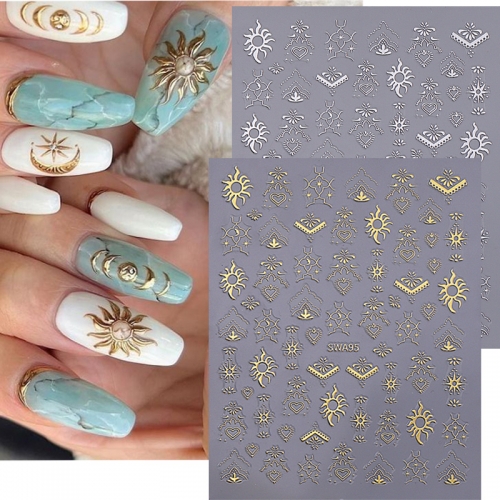 1Pcs 3D Retro Gold Sun Totem Nail Stickers Star Moon Decal Slider DIY Manicure Decoration Nail Sticker