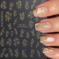 1Pcs Spring Silver Gold Bamboo Nail Stickers Design Adhesive Decals Sparkle Manicure Decoration Nail Sticker