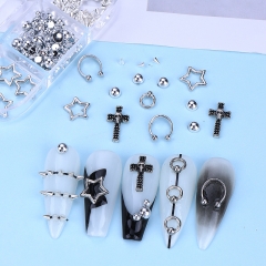 1 Box 3D Halloween Nail Art Charms Hollowed-out Star Steel Balls Alloy Ghostface Cross Star 3D Nail Charm Rhinestone Nail Decoration