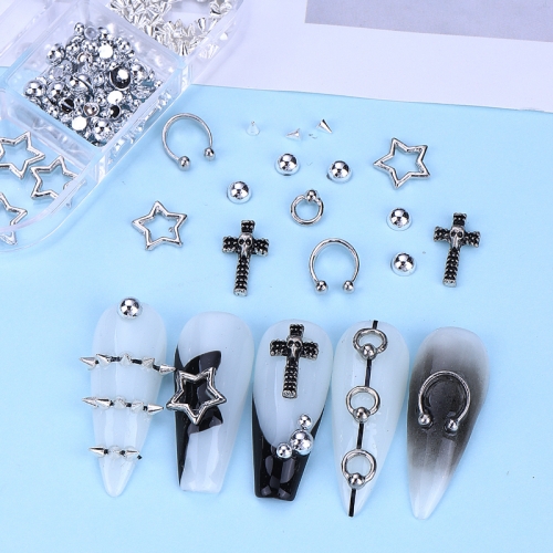 1 Box 3D Halloween Nail Art Charms Hollowed-out Star Steel Balls Alloy Ghostface Cross Star 3D Nail Charm Rhinestone Nail Decoration