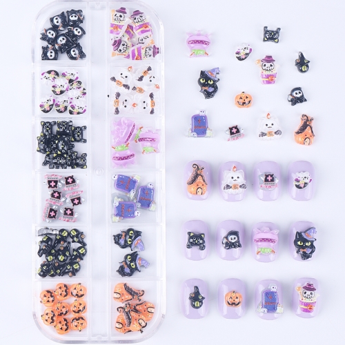 1Box 3D Resin Halloween Nail Art Rhinestone Mixed Lovely Candy  Ghost Pumpkin Spider Batch Nail Charms Cartoon Nail Decoration