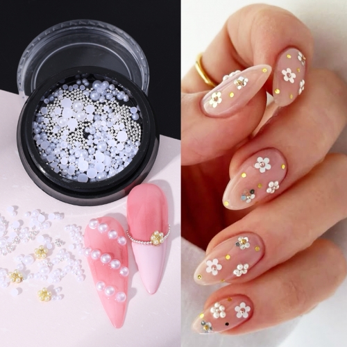 1Jar Steel White Pearls Flower Nail Charms 3D Half Round Flatback Nail Pearls Caviar Beads Manicure Tips Crafts Nail Decoration 
