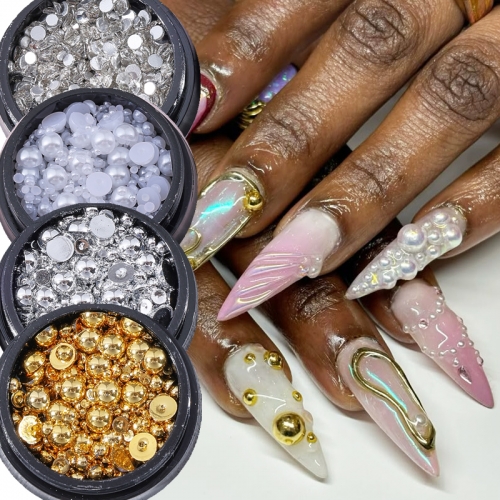 1Jar 3D Stainless Steel Goleden Silver White Bead Nail Art Charm Semicircle Micro Steel Ball Decorations UV Gel Acrylic Tips Nail Decoration