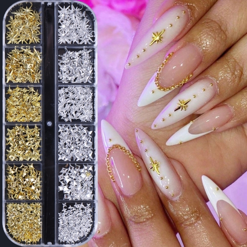 1Box Gold Silver Stars Nail Charm 3D Metal Rivet Star Nail Art Decoration Punk Style Manicure Accessories Nail Decoration