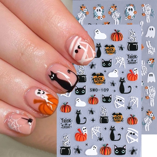 1Pcs Skull Pumpkin Head Bat Black Cat Spider Web Mummy Nail Stickers Nail Supplies Nail Sliders Halloween Stickers Nail Decoration Nail Sticker