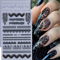 1Pcs Black White Flowers Design Vintage Lace Soft Embossed Reliefs Self Adhesive Nail Art Stickers Retro French Nail Sticker