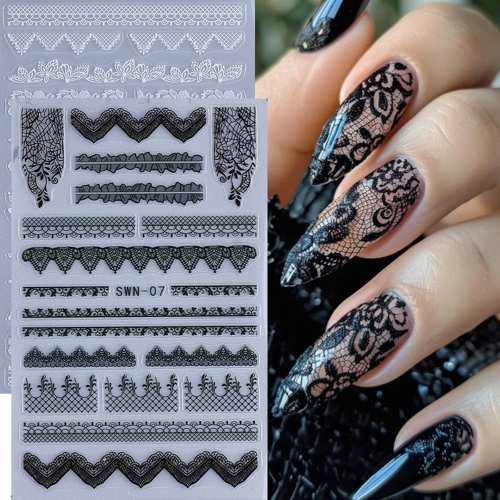 1Pcs Black White Flowers Design Vintage Lace Soft Embossed Reliefs Self Adhesive Nail Art Stickers Retro French Nail Sticker