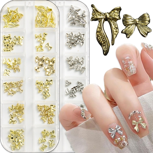 1Box 3D Multiple Sized Golden and Silver Bowknots Nail Art Charms Exquisite Ribbon Bows Ties Alloy Nail Decorations for Making DIY Nail Decoration