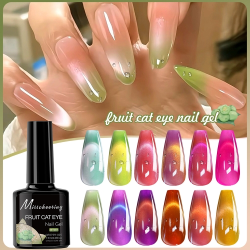 1Bottle Color Fruit Cat's Eye Glue Summer Super Flash Glass Beads Water Light Cat's Eye Glue UV/LED Semi-permanent Gel Nail Polish 