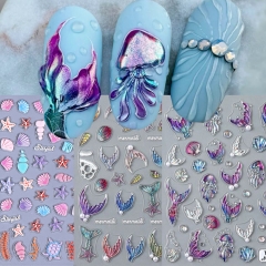1Pcs 5D Shiny Mermaid Tail Nail Stickers Dreamy Bubble Sea Shell Star Ocean Wave Designs Aurora Embossed Decals Summer Nail Sticker 