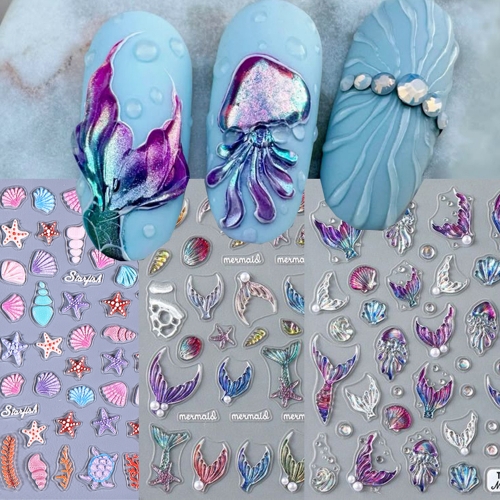 1Pcs 5D Shiny Mermaid Tail Nail Stickers Dreamy Bubble Sea Shell Star Ocean Wave Designs Aurora Embossed Decals Summer Nail Sticker 