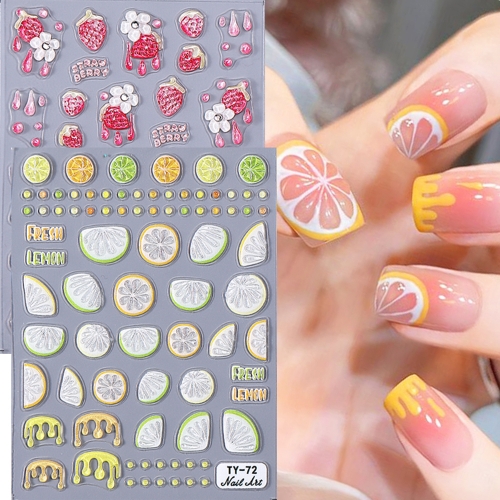 1Pcs 5D Color Cute Lemon Strawberry Fruit Flower Red Round Dot Fresh Strawberries Embossed Relief Decoration Nail Sticker