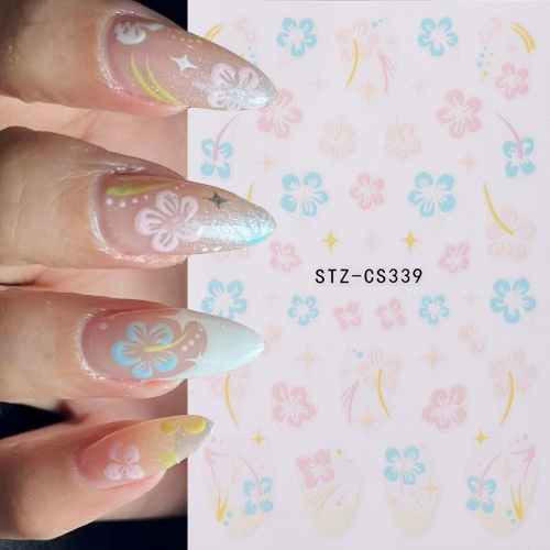 1Pcs Summer Ocean Blue Pink Flower Gradient Floral Print False Nail Spring Summer Glitter Sweet Nail Tips Nail Sticker