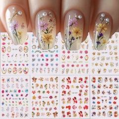 1Pcs Artifical Nails Set Colorful Flower Design Fake Nail Tips with White Pearl Mid-length Ballet Wearable Press on False Nail Sticker 