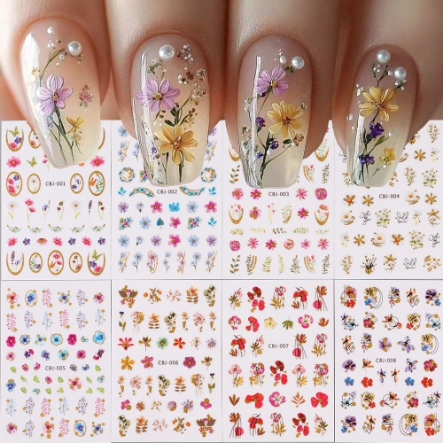 1Pcs Artifical Nails Set Colorful Flower Design Fake Nail Tips with White Pearl Mid-length Ballet Wearable Press on False Nail Sticker 