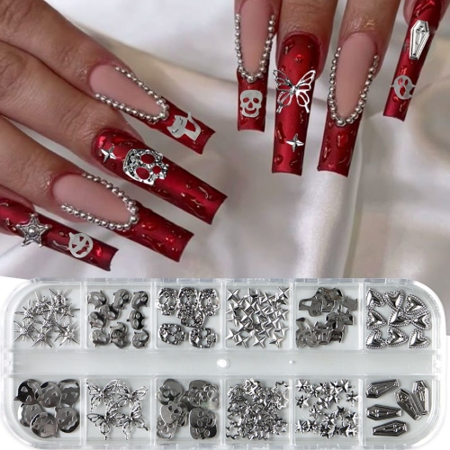 1Box Silver Metal Halloween Nail Art Decorations Gothic Spooky Cat Skull Coffin Butterfly Star Heart Manicure Nail Decoration