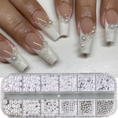 1Box White Pearls for Nails Mix Sizes Nail Art Charms Decor Half Shape Design 3D Jewelry Manicure Accessories Nail Decoration
