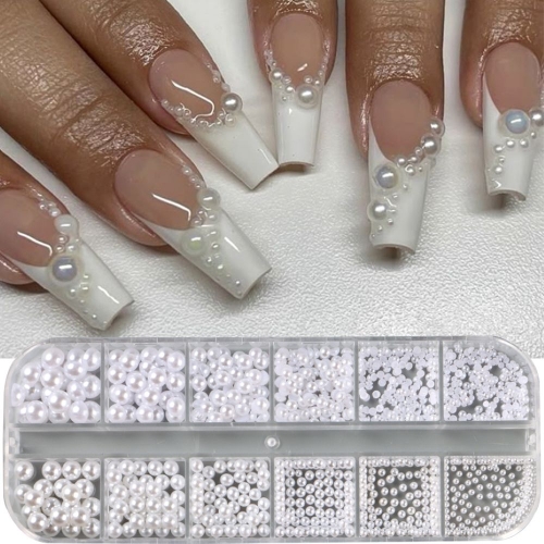 1Box White Pearls for Nails Mix Sizes Nail Art Charms Decor Half Shape Design 3D Jewelry Manicure Accessories Nail Decoration