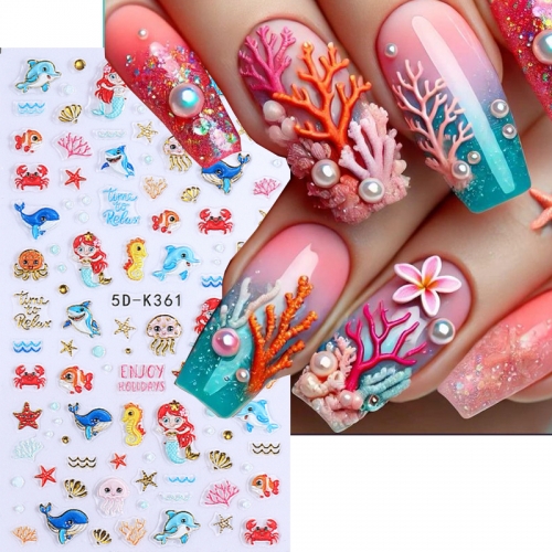 1Pcs Summer 5D Nail Stickers Summer Design Decals Seahorse Crab Dolphin Decorations Art Self-Adhesive Slider Manicure Accessories Nail Sticker