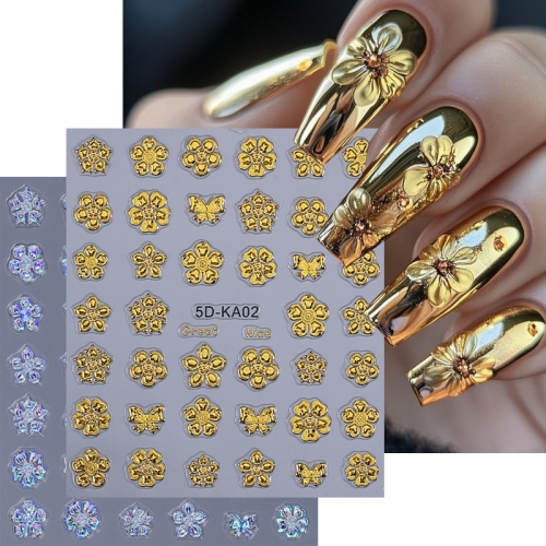 1Pcs 5D Embossed Flower Nail Art Stickers Rose Gold Flower Butterfly Nail Decals Summer Manicure Nail Supplies Decoration Nail Sticker