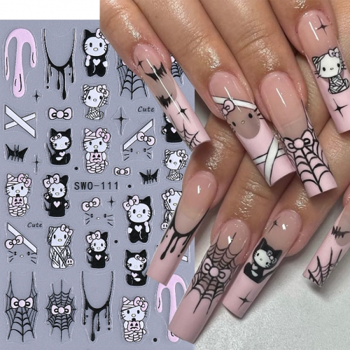 1Pcs Lovely Halloween Nail Art Stickers Shiny Black Pink Spider Web Hello Kitty Design Cute Nail Decals Halloween Decorations Nail Sticker