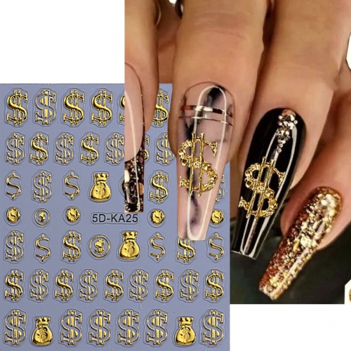 1Pcs 5D Embossed Flower Nail Art Stickers Gold Dollar Coin Purse Nail Decals Manicure Nail Supplies Decoration Nail Sticker