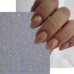 1Pcs Metallic Leaves Laser Nail Stickers Gold Silver Stars Sun Line Design Nail Decals DIY Holographic Manicure Slider Nail Sticker