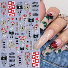 1Pcs 3D Red Black Rose Mushroom Playing Cards Musical Note Clock Bow 5D Nail Art Stickers Chic Self Adhesive Manicure Decal Nail Sticker
