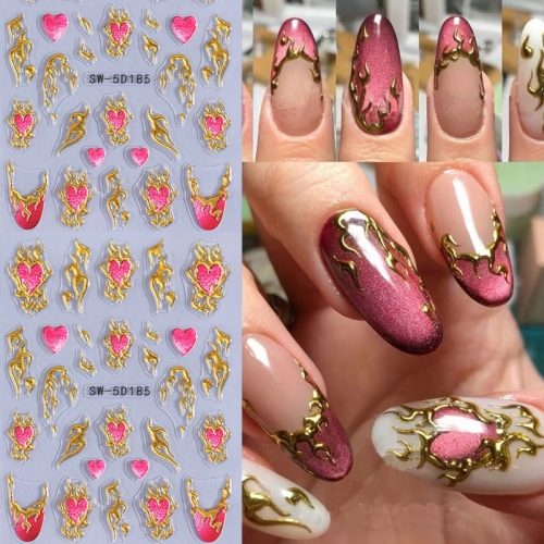 1Pcs 5D Metallic Gold Flower Fire Heart Nail Stickers Nail Decals Slider DIY Elegant Manicure Decor Nail Sticker