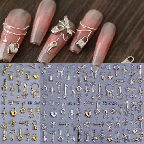 1Pcs 5D Embossed Nail Stickers Golden Heart Key Nail Decoration Nail Decals Press On Nails Nail Supplies Nail Stickers