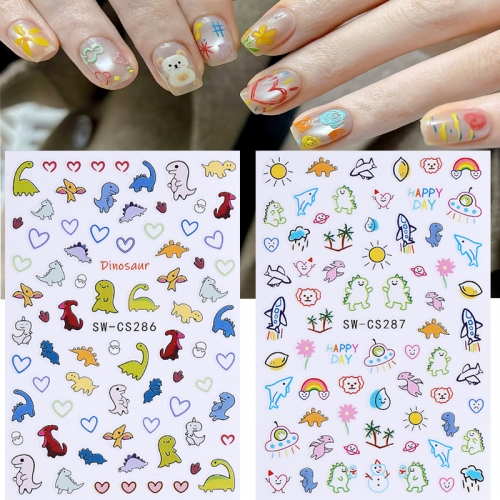 1Pcs Colorful Cute Dinosaur Back Adhesive Nail Sticker Non-Toxic Odorless Lovely Sticker Toy Three-Dimensional Decal Nail Sticker