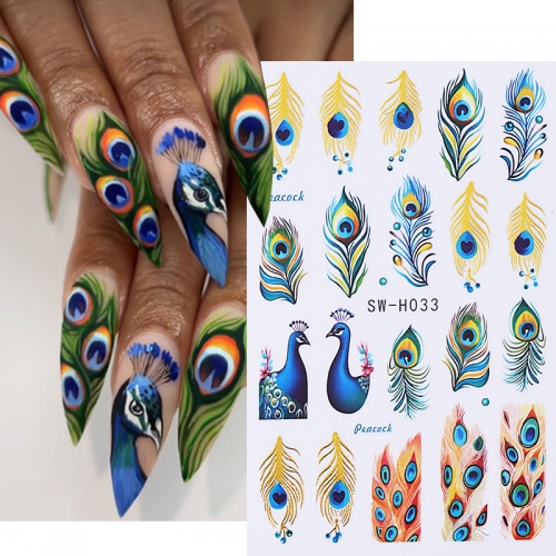 1Pcs Peacock Design Nail Art Stickers 3D Blue Green Feathers Simple Elegant Adhesive Slider DIY Manicure Decoration Nail Sticker