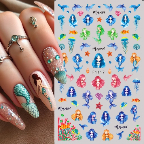 1Pcs Summer Ocean Coral Jellyfish Dolphin  Nail Art Stickers 3D Mermaid Seaweed Ocean Shell Nail Decals Adhesive Ocean Beach Designs Nail Sticker