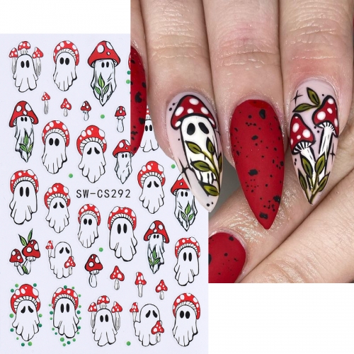 1Pcs Halloween Nail Stickers 3D Cartoon Cute Mushroom Ghost Spider Web Colorful Blood Drop Design Nail Decals Sliders Charm Nail Decoration