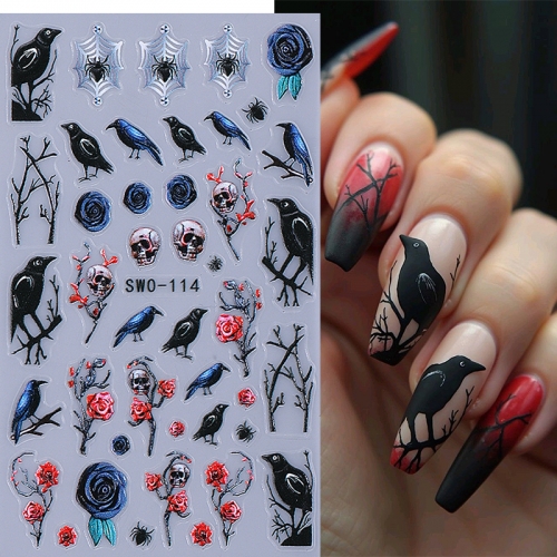 1Pcs Halloween Nail Stickers Spider Web Crow Skull Rose Textured Self-Adhesive Nail Decals Sliders DIY Manicure Decoration Nail Sticker