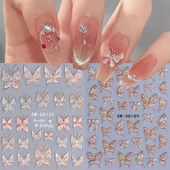 1Pcs New 5D Pink Butterfly Embossed Nail Stickers Valentine's Day Bowknot Flower Self-Adhesive Sliders Decals Manicure Nail Sticker