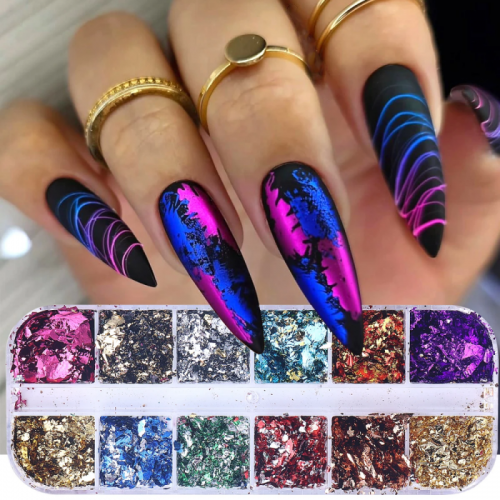 12colors/box Nail Foils Gold Silver Foil Gorgeous Nails Glitter Aluminum Flakes Chip Nail Design Shiny Nail Art Decoration