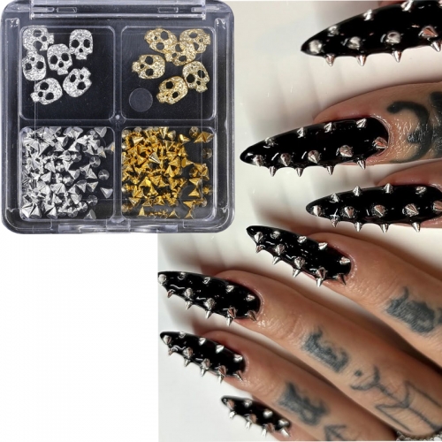 1Box Punk Alloy Skull Nail Art Charms Parts Pearl Steel Beads Nail Art Decoration for Halloween Manicure DIY Nails Supplies Nail Decoration 