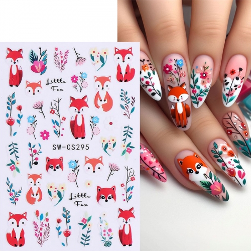 1Pcs Cartoon Fox Nail Art Stickers Cute Fox Leaf Flower Squirrel Cat Violet Nail Decals DIY Adhesive Slider Autumn Design Charms Manicure Decoration N