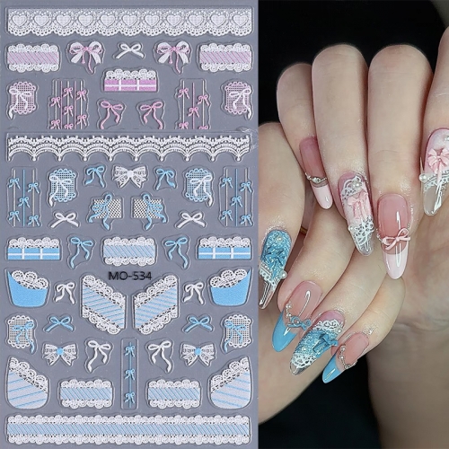 1Pcs Pink Blue Lace Denim Bow Nail Art Stickers Durable Waterproof Self-adhesive Lace Ribbon Bow Stickers Nail Art Decoration Nail Sticker