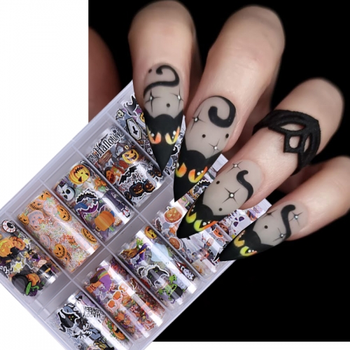 10Rolls/Box Nail Art Transfer Foils Halloween Pumpkin Christmas Skull Nail Stickers Cartoon Manicure Sliders Nail Decal Decoration Nail Sticker