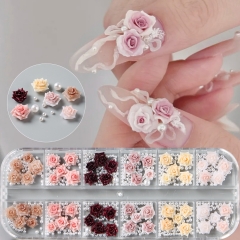 1box 3D Mixed Size Nail Art Luxury Decorations Camellia Rose DIY Nail Charms Accessories Resin Pink Rose Parts Nail Art Tools