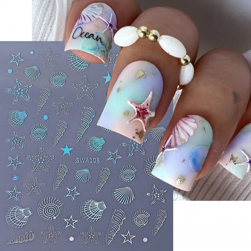 1Pcs Summer Metal Ocean Animals Nail Stickers Gold Laser Sea Shells Conch Starfish Design Nail Decals Slider DIY Manicure Decoration Nail Sticker