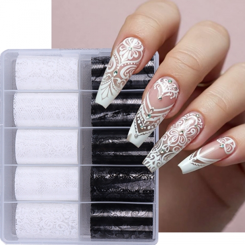10 Rolls/Box White Black Lace Nail Art Set Nail Transfer Foil Sticker Paper DIY Manicure Styling Nail Decoration Accessories