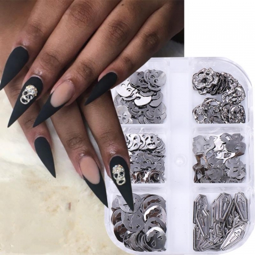 1box Alloy Ancient Silver Nail Art Charms Heart Skull Skeleton Accessories For Halloween Nails Decoration Manicure Supplies Material Nail Decoration