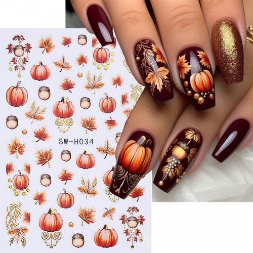 1Pcs Autumn Sunflower Pumpkin Thanksgiving Day Nail Stickers Maple Leaf Self-Adhesive Decal Slider Nail Supplies Thanksgiving Autumn Manicure Decorati