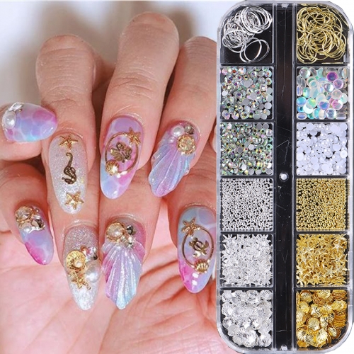 1Box Ocean Gold Nail Art Charms Shell Seahorse Starfish White Half Round Pearl Gems 3D Mixed Punk Manicure Nail Decoration