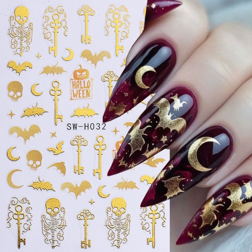 1Pcs Gothic Golden Skull Nail Art Stickers Scary Skeleton Bone Bat Lace Key Self-Adhesive Nail Decals Halloween Nail Charms Decorations Nail Sticker