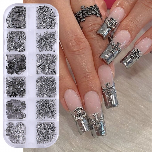 1Box Hallowmas Vintage Cross Shaped Butterfly Skull Jewelry Nails Supplies Heart Shaped Metal Nail Art Decoration